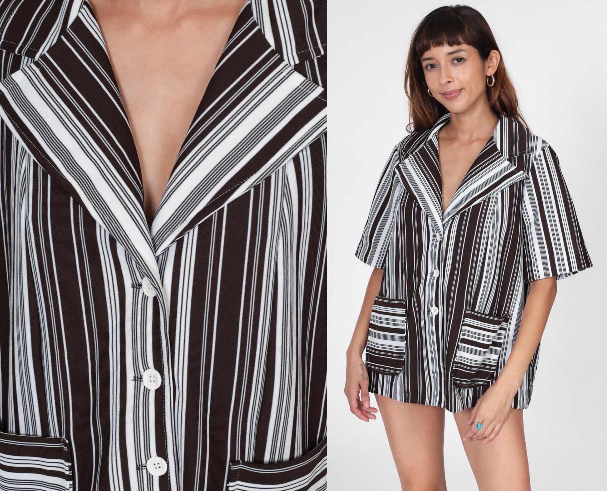 70s Brown & White Striped Button-Up Shirt Short Sleeve Collared V-Neck Extra Large XL