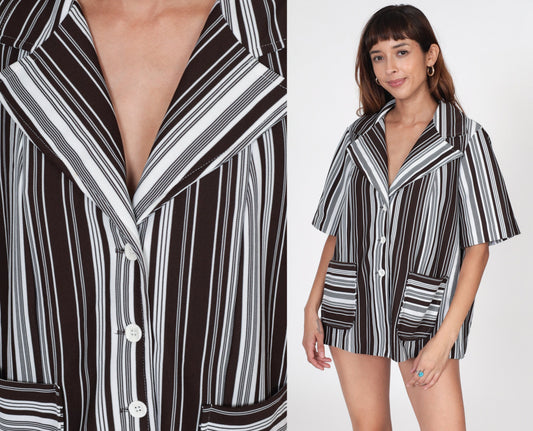 70s Brown & White Striped Button-Up Shirt Short Sleeve Collared V-Neck Extra Large XL