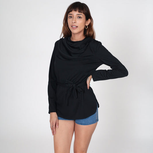 70s Black Cowl Neck Blouse Long Sleeve Belted Polyester Top Small
