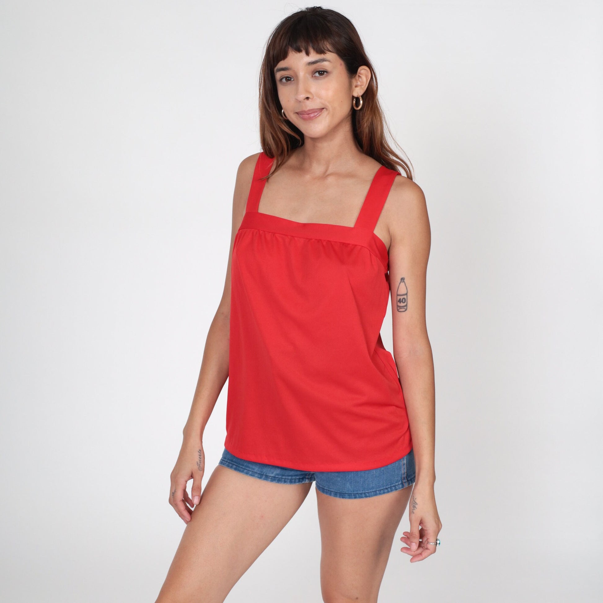 70s Red Tank Top Square Neckline Sleeveless Blouse Small