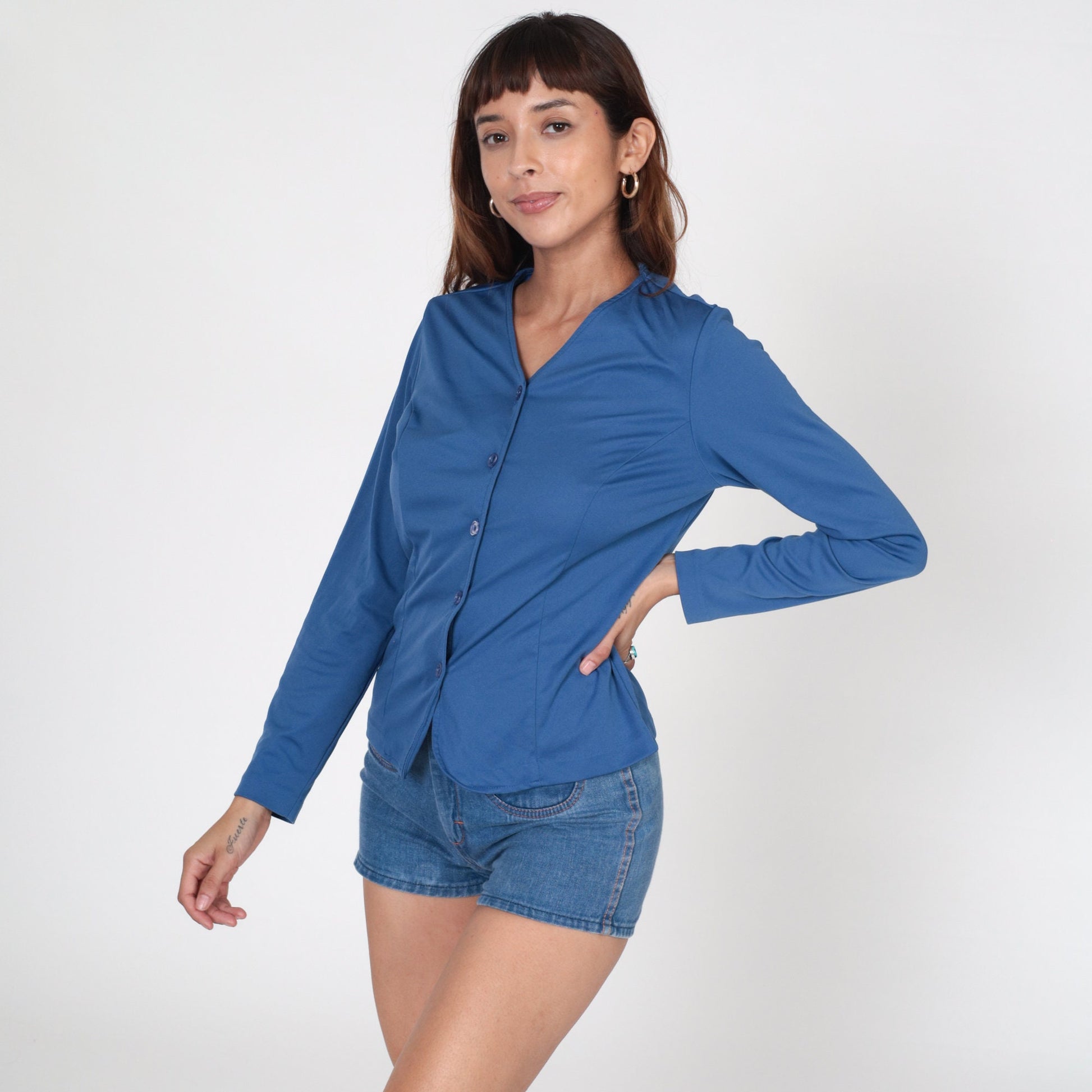 90s Blue Button-Up Shirt Long Sleeve V-Neck Blouse Small Medium