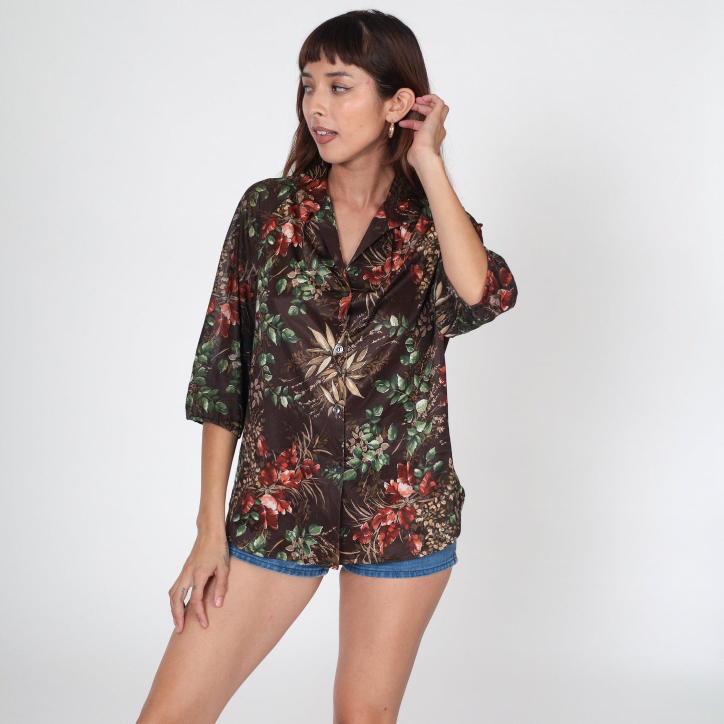 70s Brown Leaf Print Button-Up Blouse 3/4 Raglan Sleeve Large