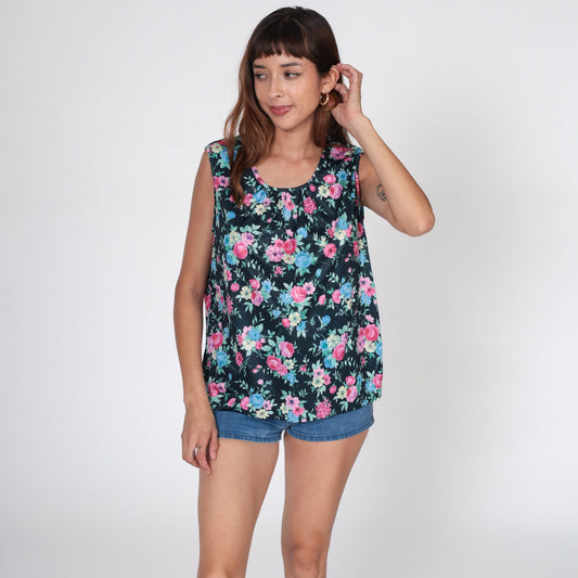 00s Black Floral Tank Top Y2K Sleeveless Blouse Wildflower Print Medium
