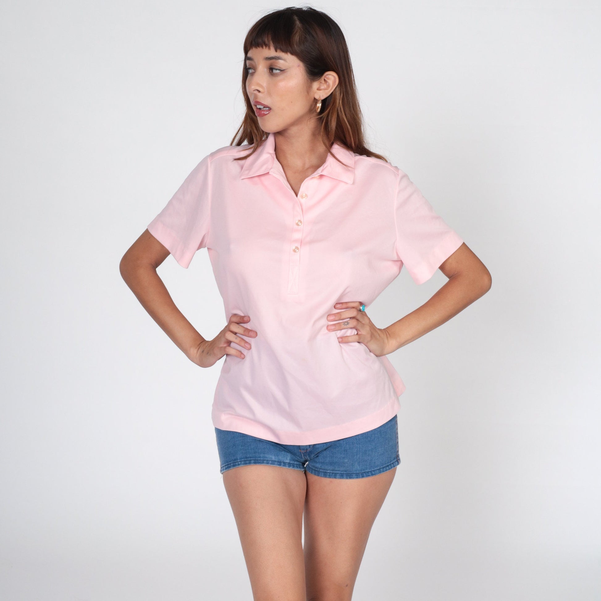 70s Polo Shirt Baby Pink Collared Short Sleeve Blouse Large L