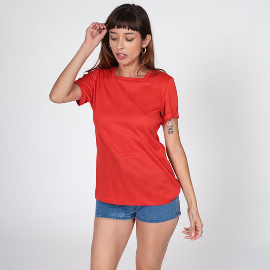 70s Red Ribbed Polyester Top Square Neck Short Sleeve Large