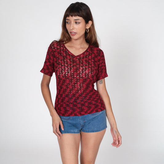 80s Red Crochet V-Neck Blouse Short Sleeve Sheer Knit Top Small S
