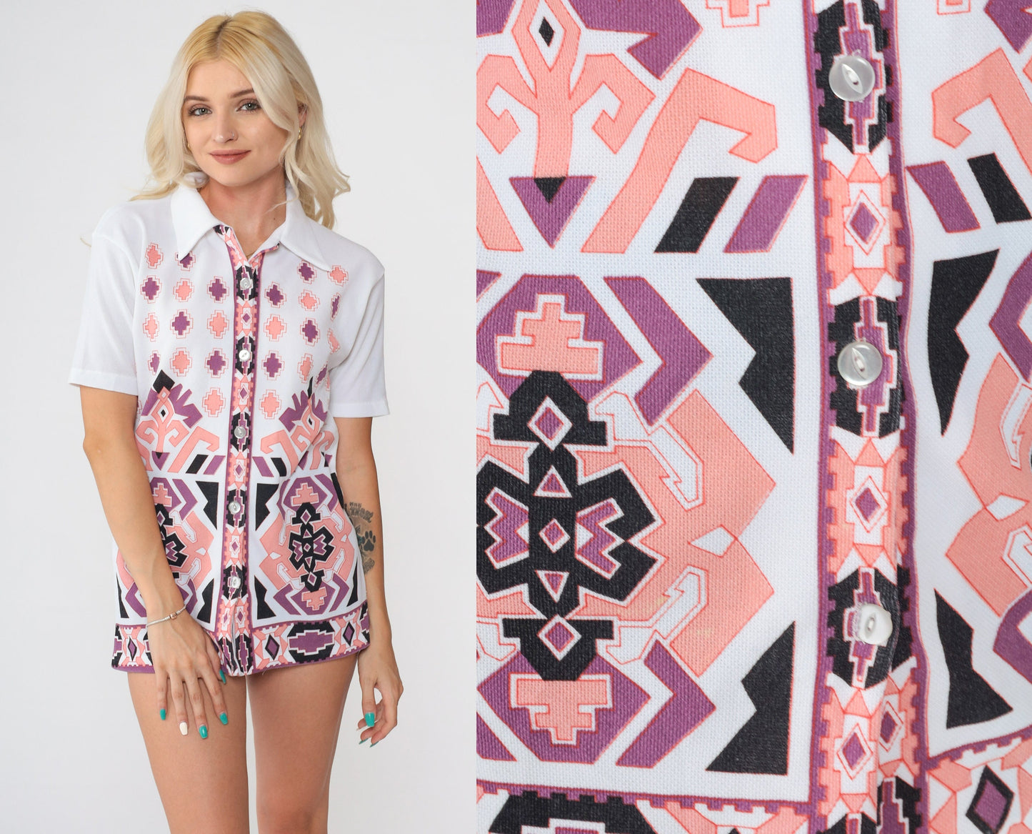 70s Geometric Print Button-Up Blouse White Short Sleeve Shirt Medium