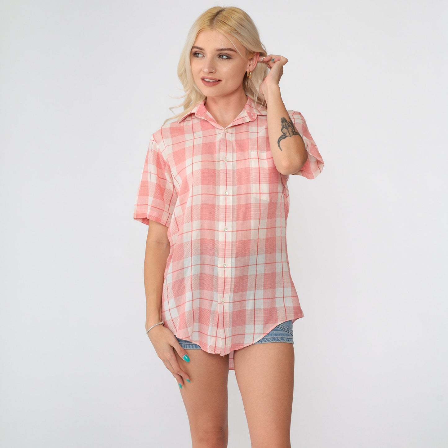 80s Red Plaid Button-Up Shirt White Check Short Sleeve Collared Top Small
