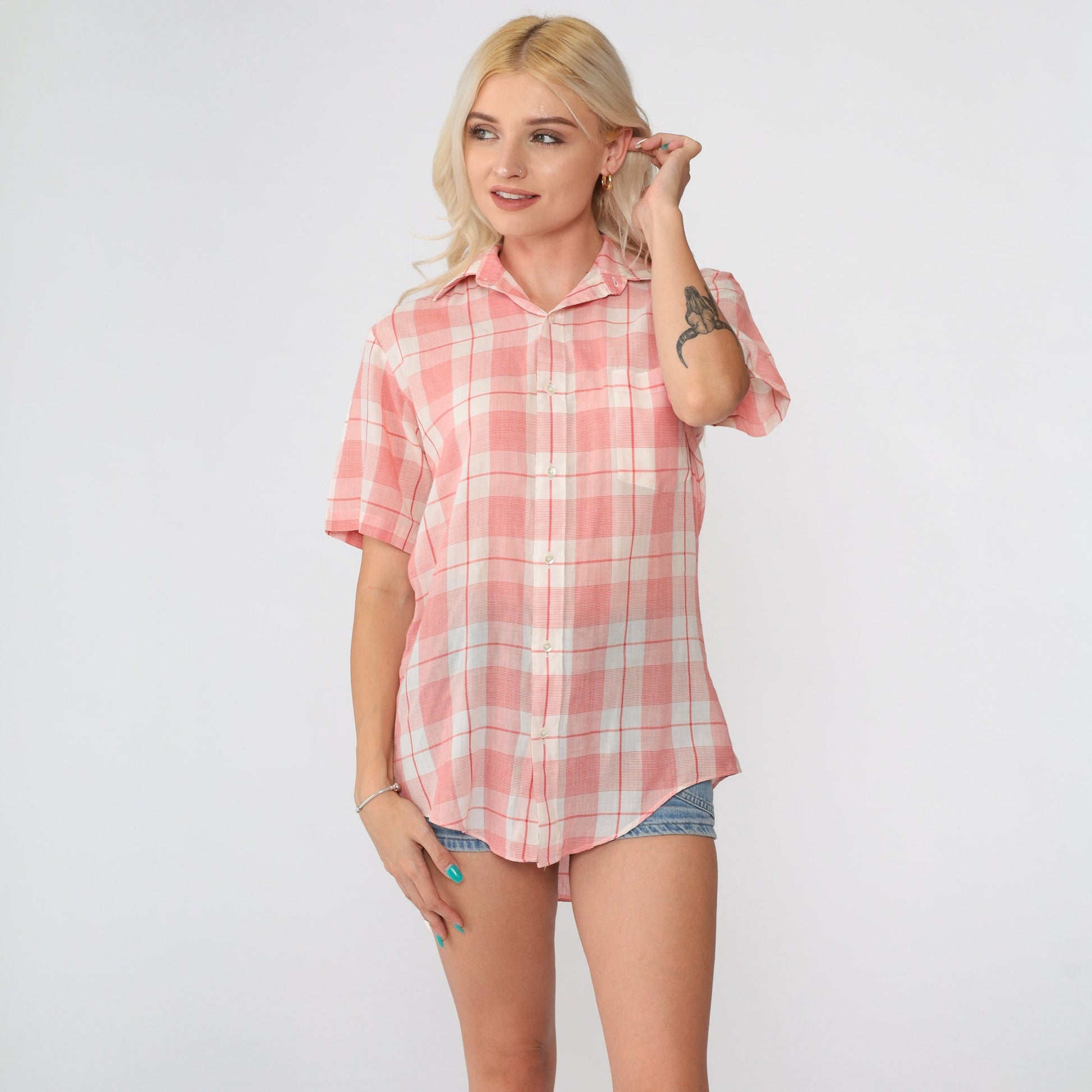 80s Red Plaid Button-Up Shirt White Check Short Sleeve Collared Top Small