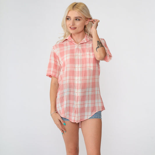 80s Red Plaid Button-Up Shirt White Check Short Sleeve Collared Top Small