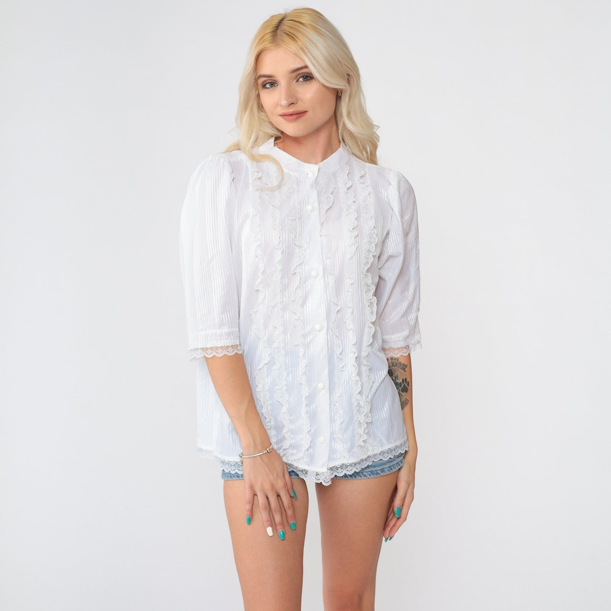 70s White Lace Ruffle Blouse Puff Sleeve Button Up Large