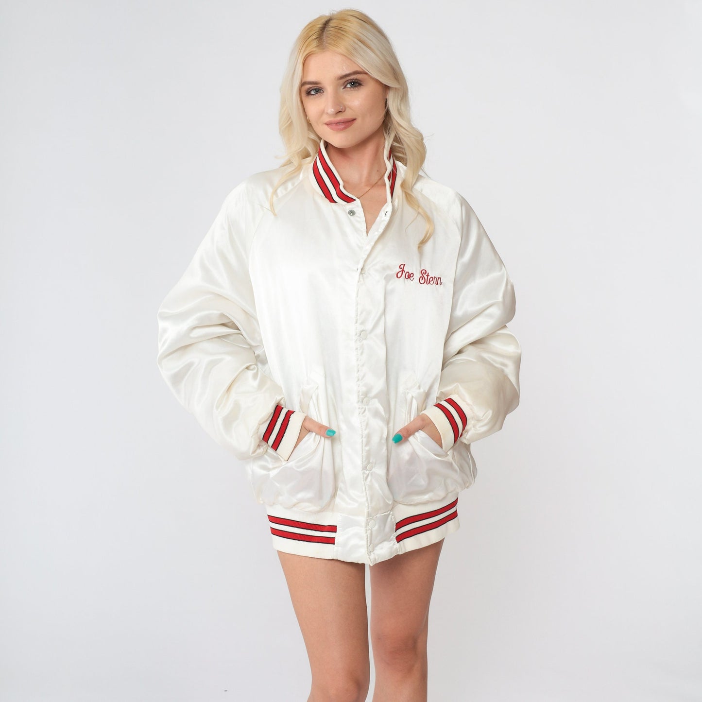 80s The Bicycle Source Bomber Jacket White Nylon Staff Uniform Extra Large XL