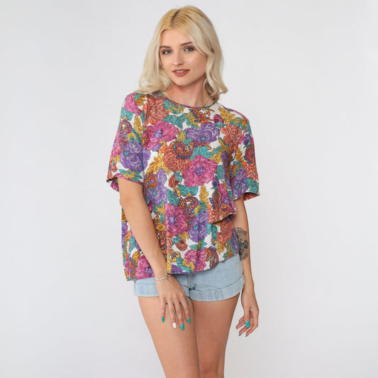 90s Paisley Floral Rayon Blouse Short Sleeve Pink Purple White Small