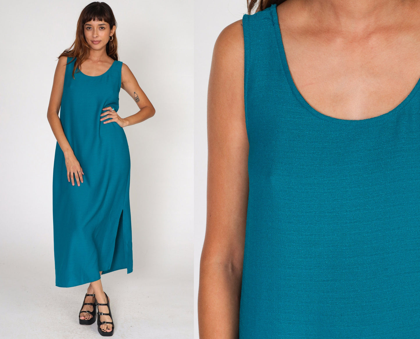 90s Blue Sleeveless Maxi Dress Side Slit Shift Ankle Length Medium
