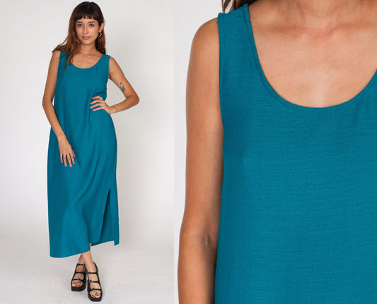 90s Blue Sleeveless Maxi Dress Side Slit Shift Ankle Length Medium