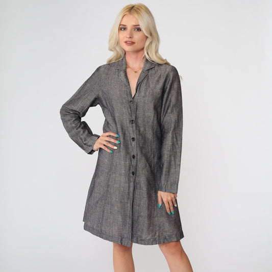 80s Grey Flecked Shirtdress Mini Collared Button-Up Cotton Linen Small