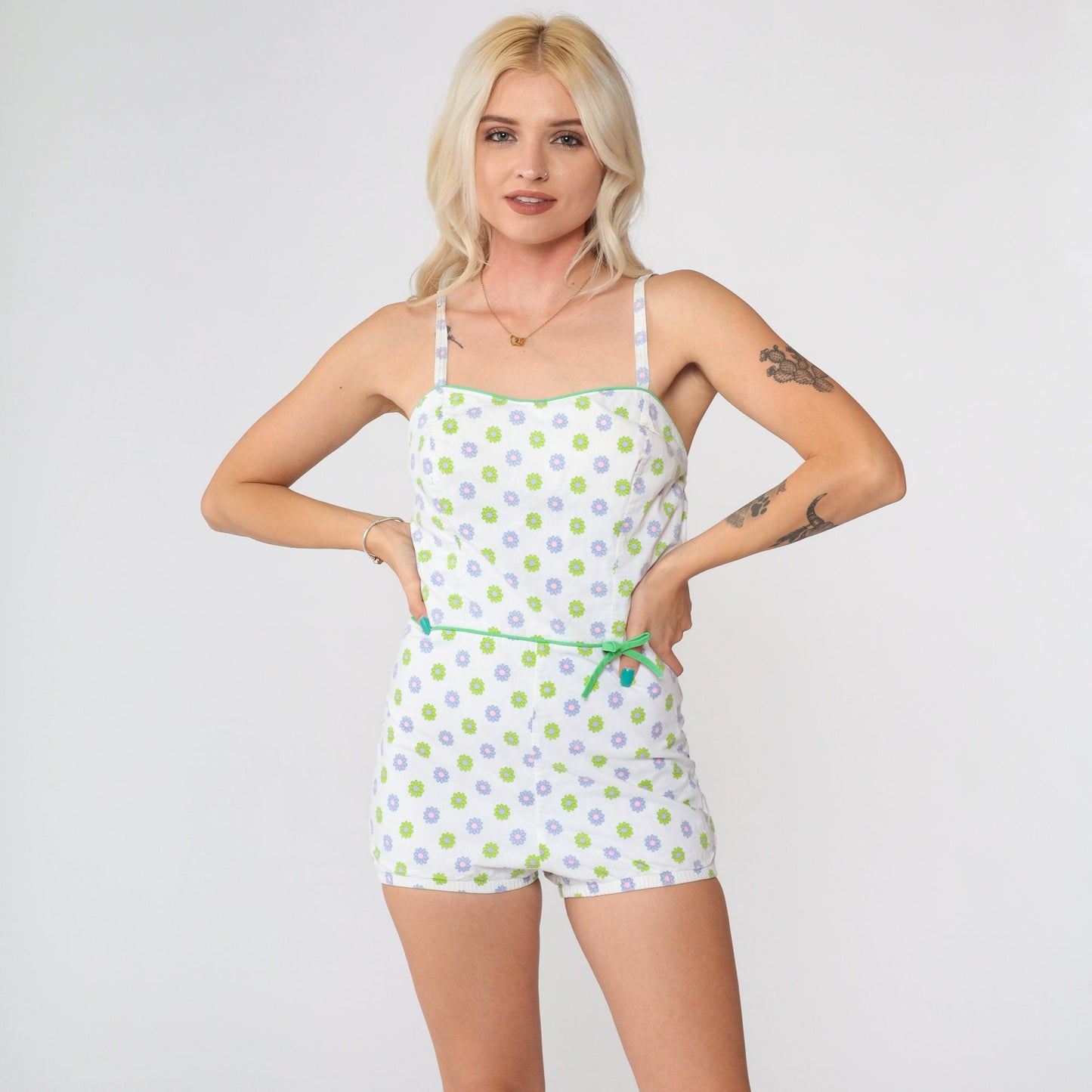 60s White Floral One-Piece Swimsuit Smocked Spaghetti Strap Small Medium