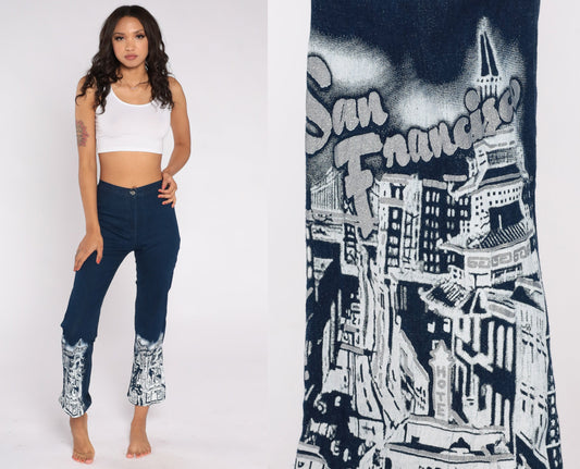 Y2K San Francisco Airbrushed Glitter Jeans Blue Denim Mid Rise Extra Small