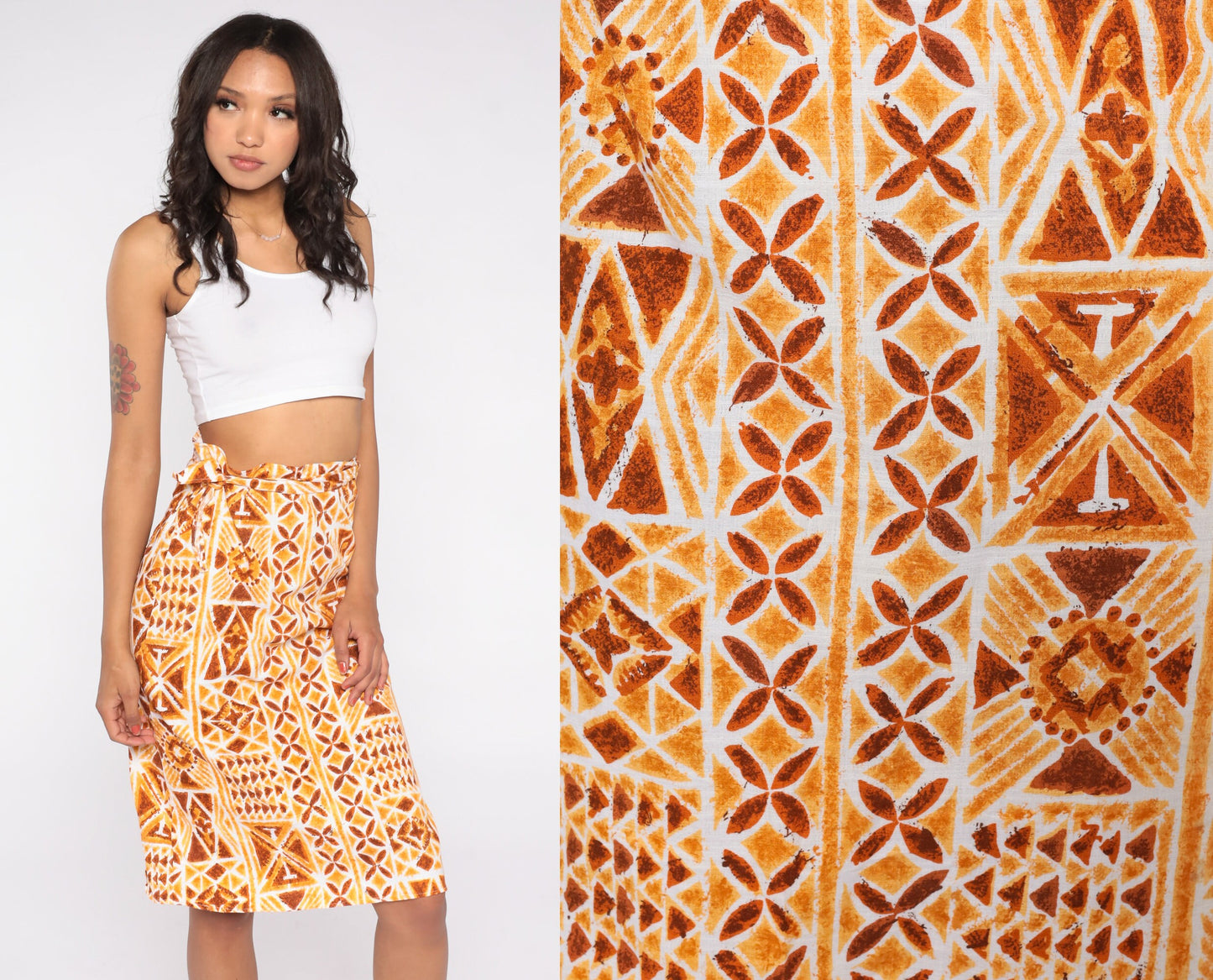 90s Geometric Stamp Print Wrap Skirt Knee Length Orange Extra Small XS