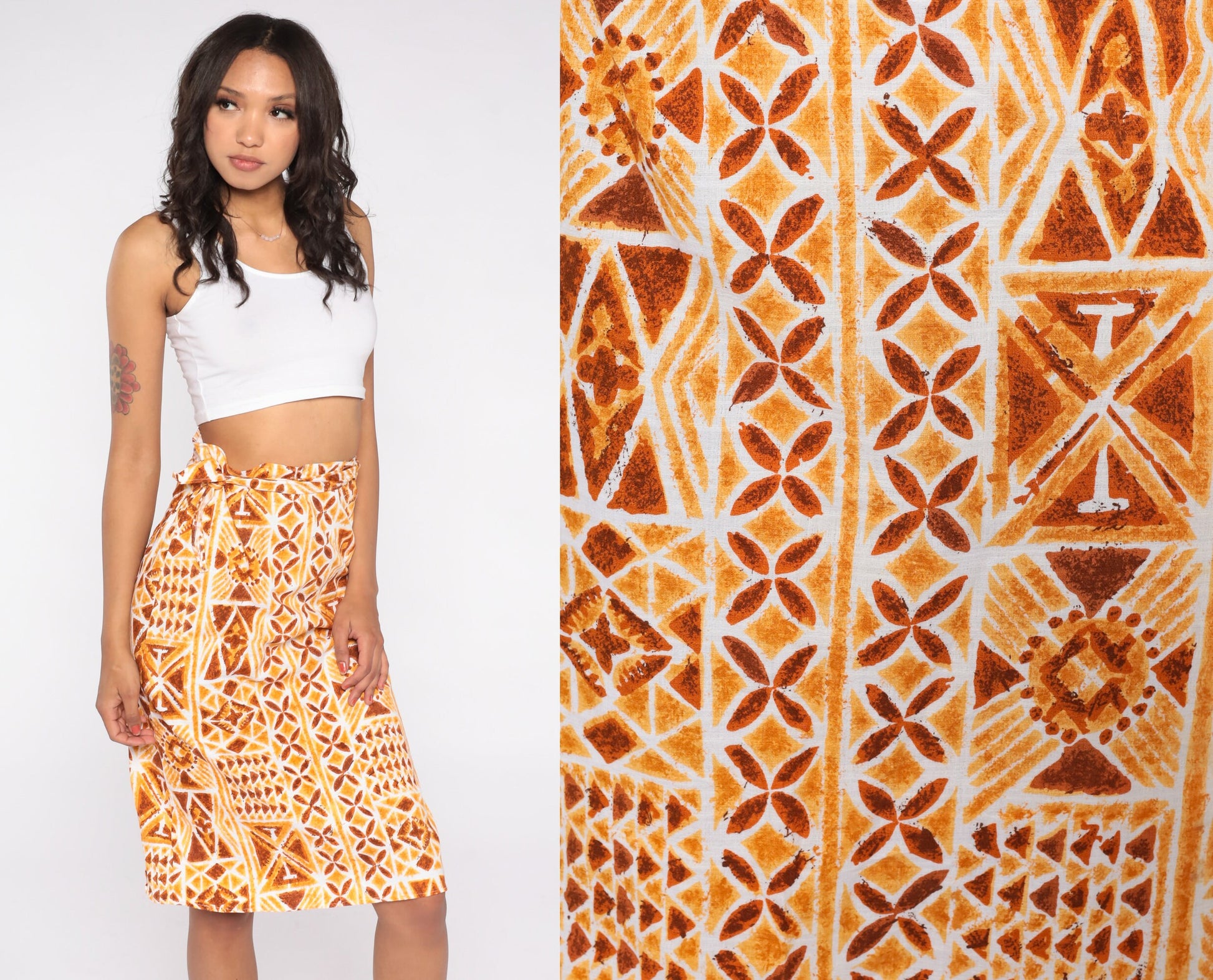90s Geometric Stamp Print Wrap Skirt Knee Length Orange Extra Small XS