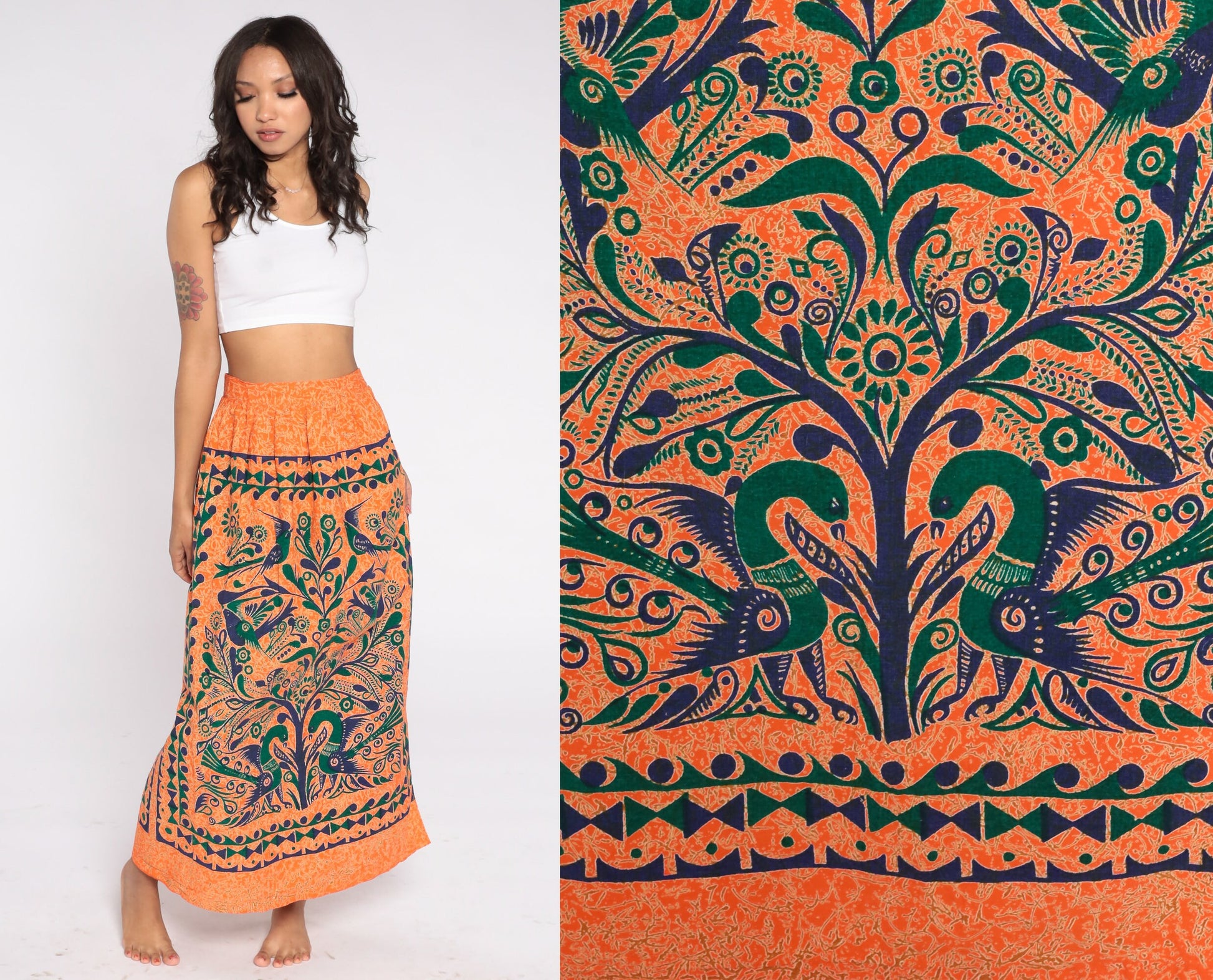 00s Tree of Life Bird Print Maxi Skirt Orange Floral Cotton Small