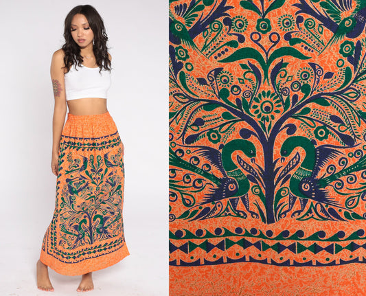 00s Tree of Life Bird Print Maxi Skirt Orange Floral Cotton Small