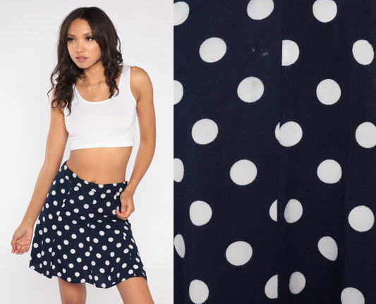 90s Navy Polka Dot Mini Skirt High Waist Pleated Small S