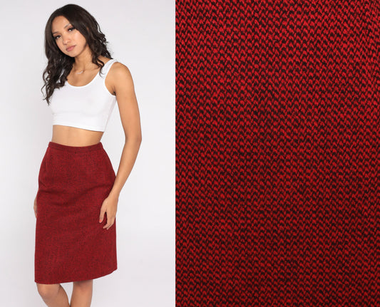 80s Guy LaRoche Wool Cashmere Mini Pencil Skirt Red Black High Waist Small