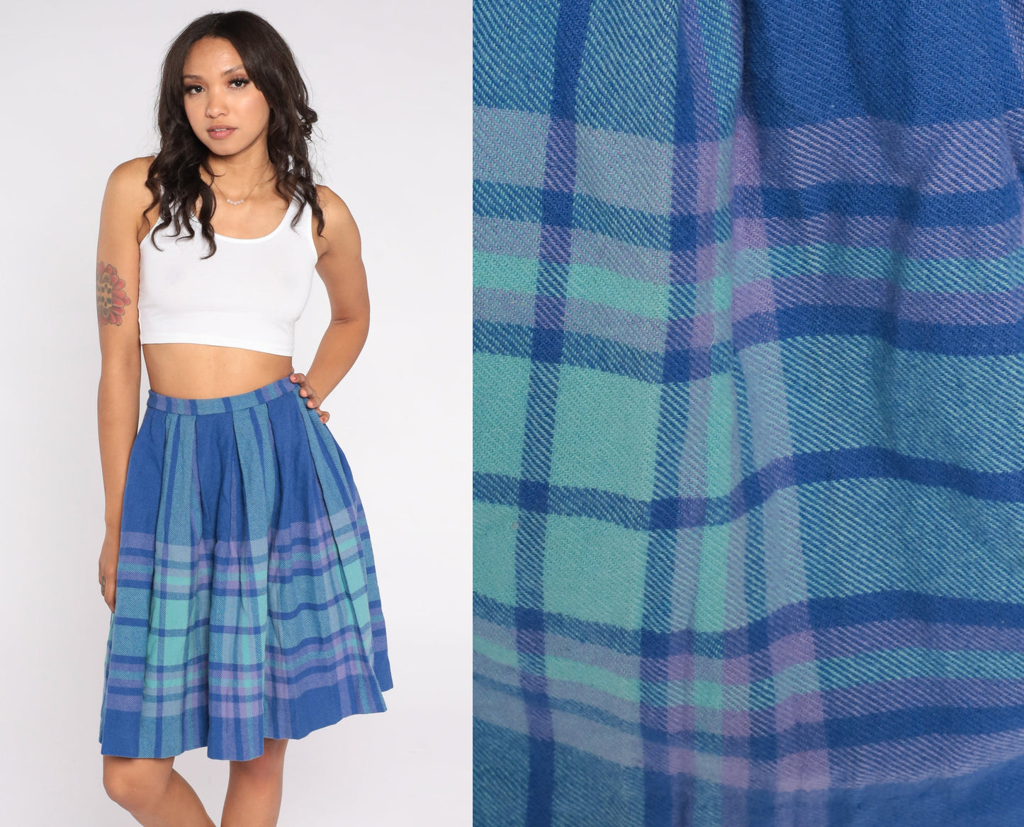 70s Blue Plaid Wool Mini Skirt High Waisted Pleated Tartan Extra Small