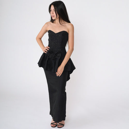 80s Gunne Sax Black Glitter Strapless Maxi Dress Sweetheart Neckline XXS