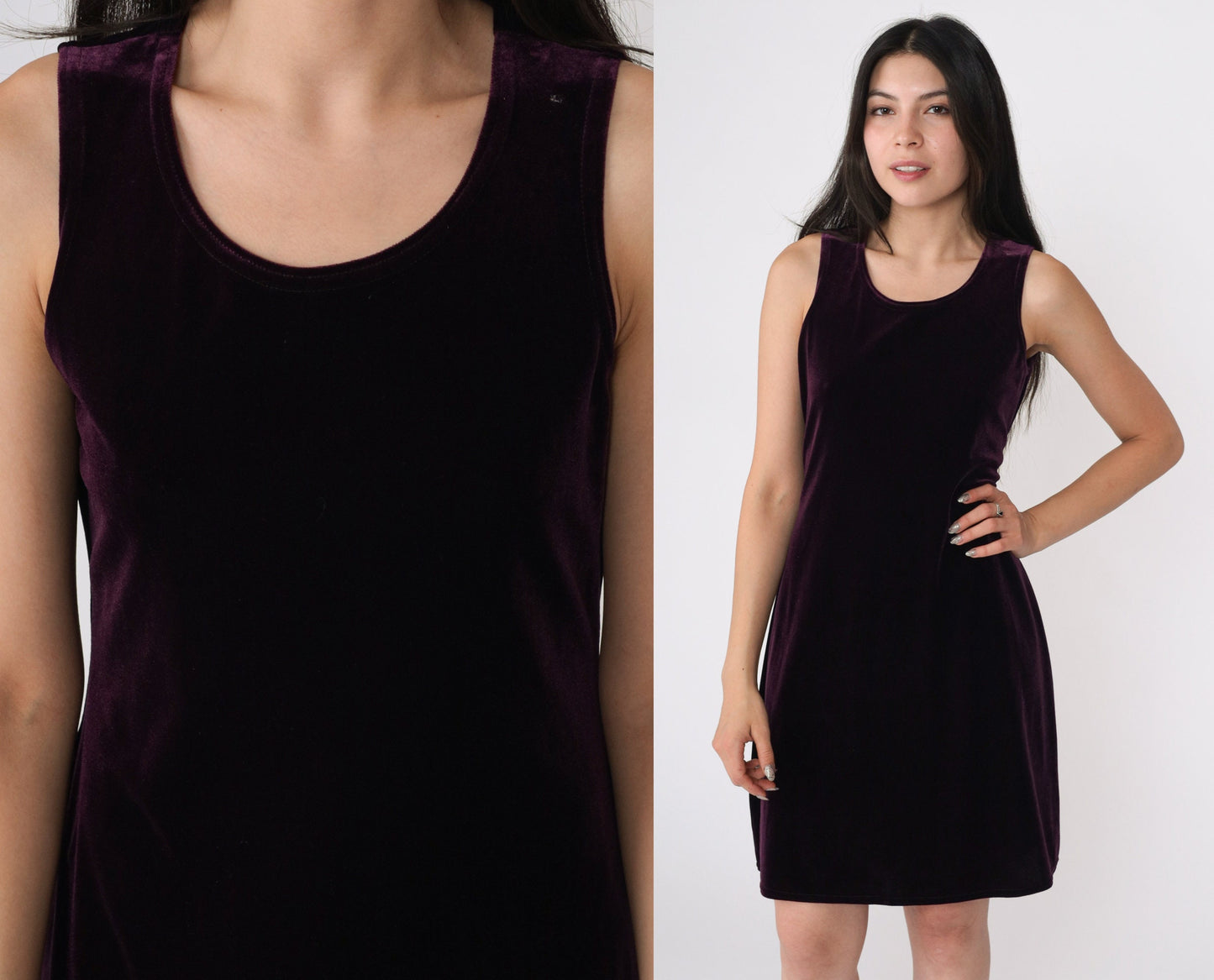 90s Purple Velvet Mini Dress Sleeveless Scoop Neck Shift Small