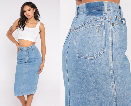 90s Blue Denim Midi Pencil Skirt High Waist Rear Slit Extra Small XS