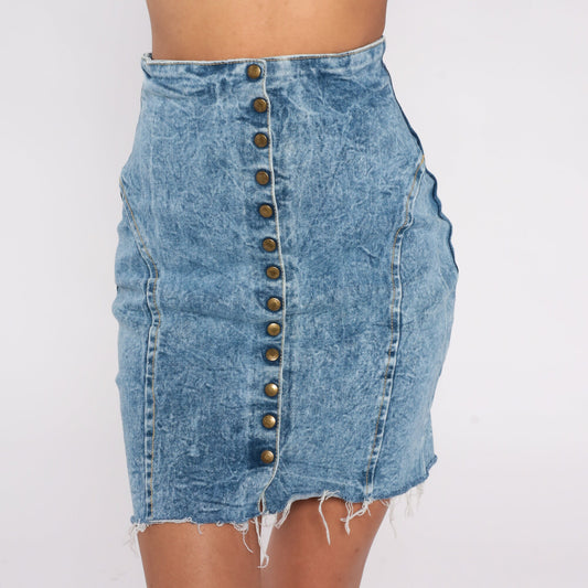90s Pleeze Acid Wash Denim Mini Skirt High Waist Snap Front Blue Extra Small