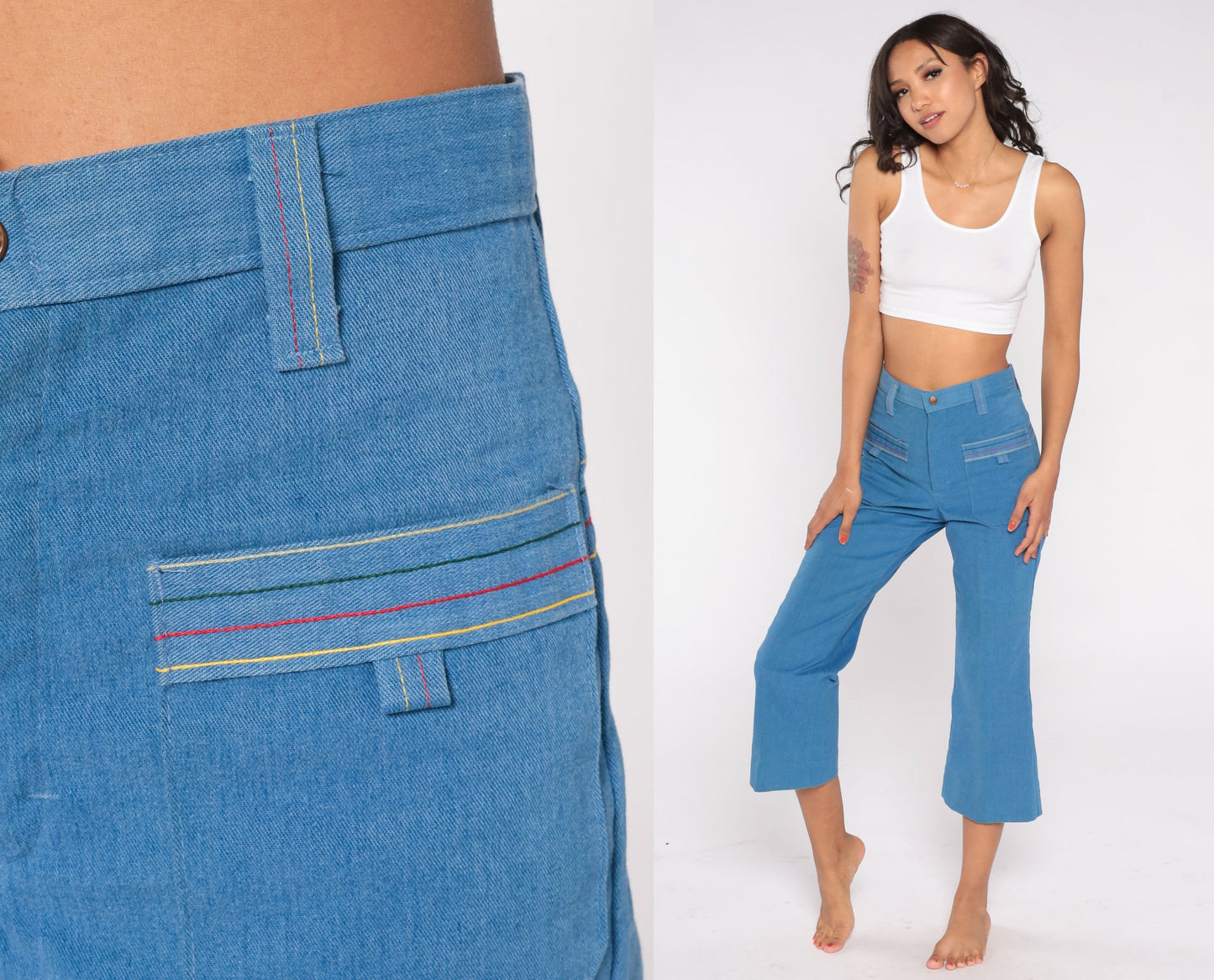 70s High Waisted Bell Bottom Jeans Cropped Flare Denim Blue Extra Small