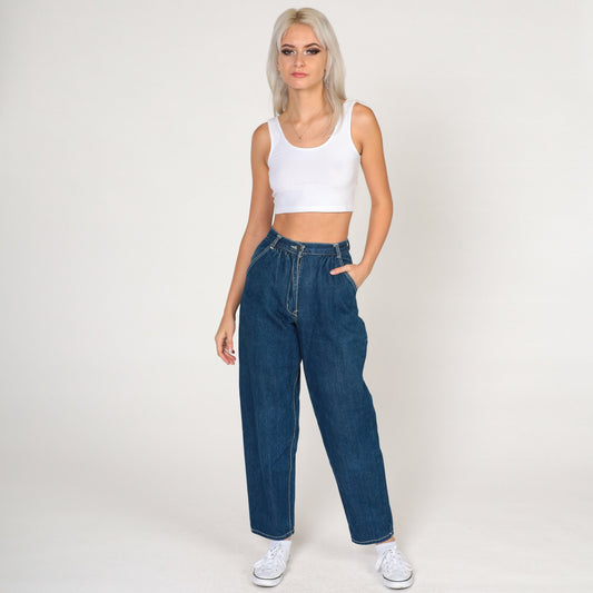 80s Dark Wash High Waisted Straight Leg Jeans Tapered Blue Denim Extra Small