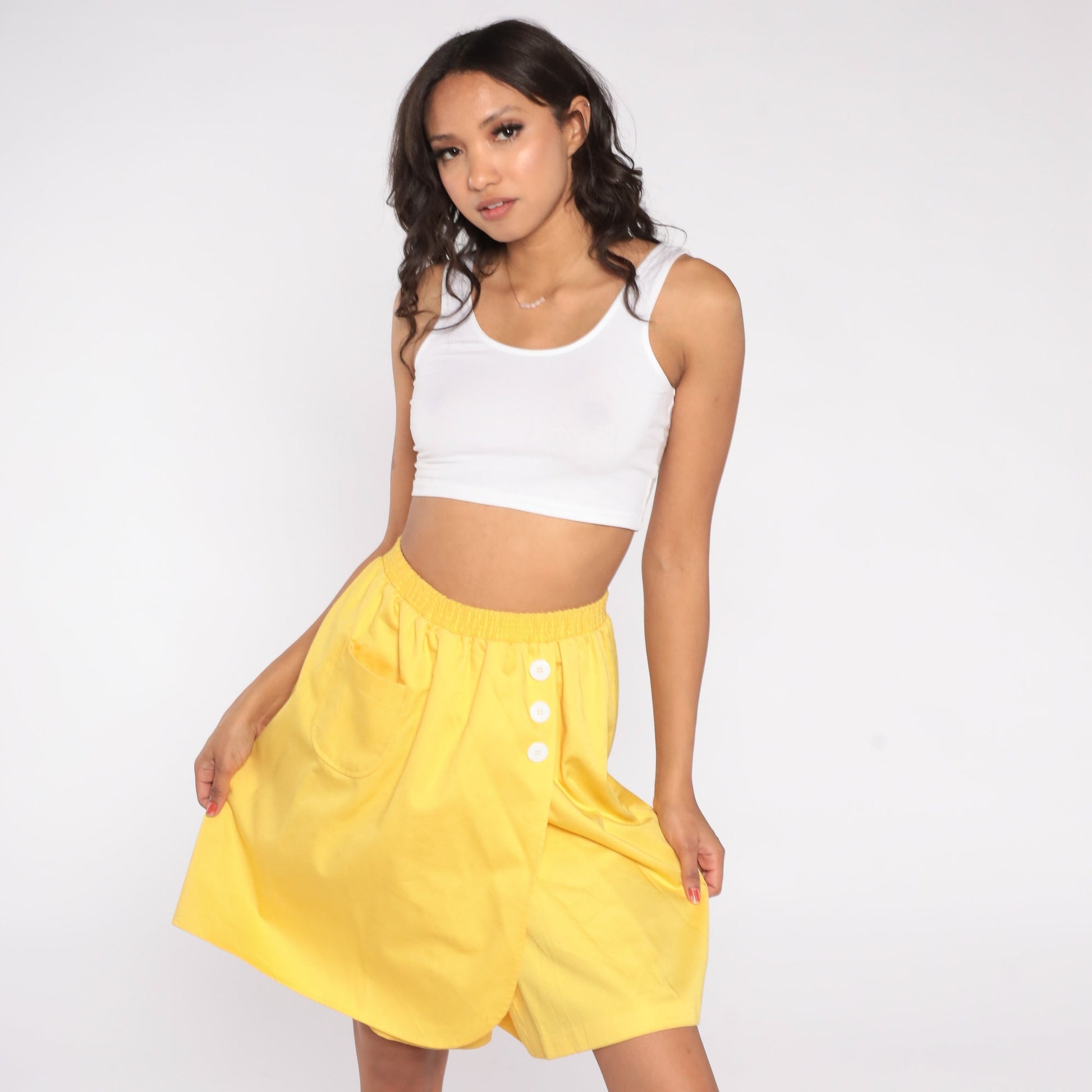 80s Yellow Mini Skirt Tulip Hem High Waist Elastic Pocket Medium M
