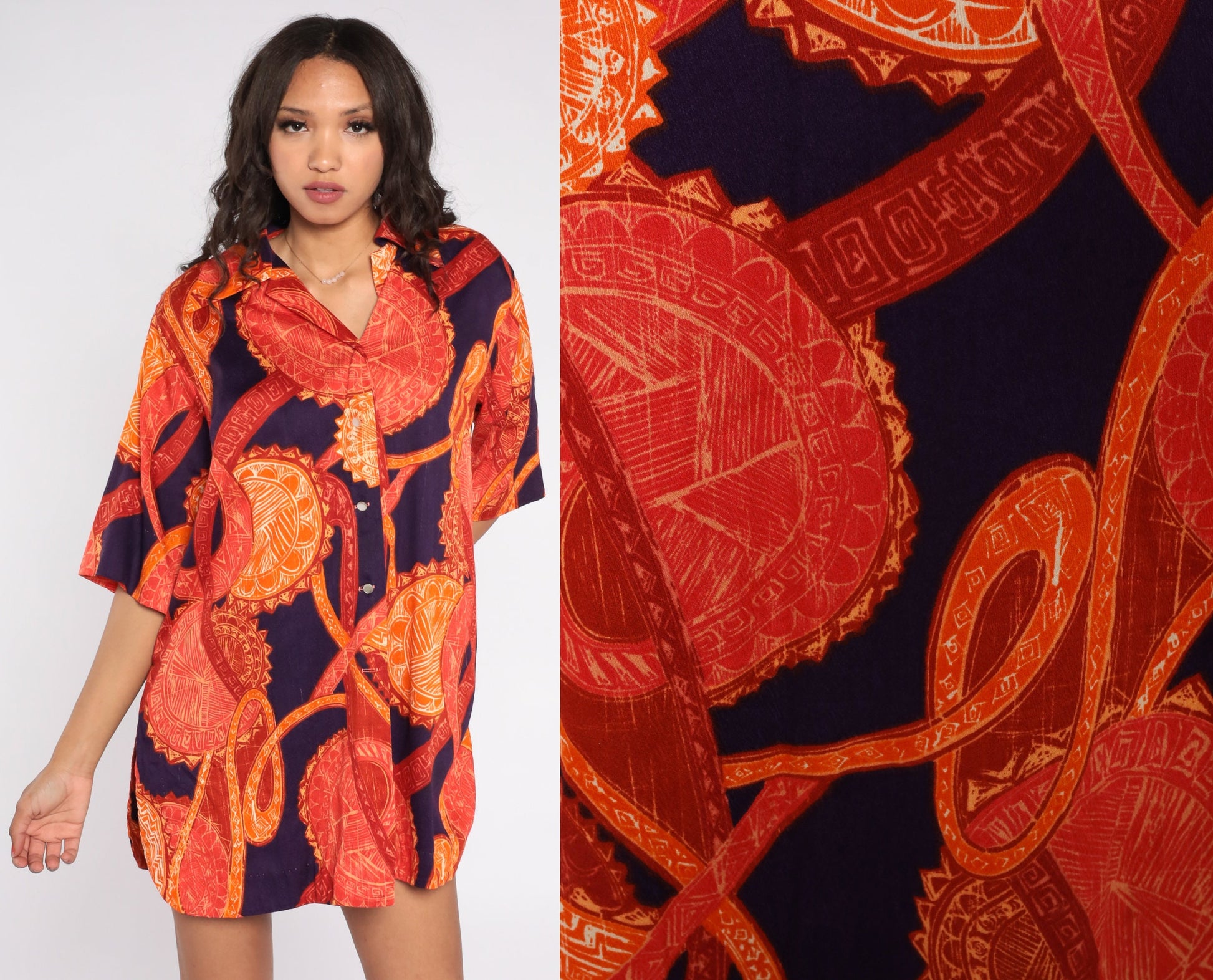 70s Purple Orange Abstract Medallion Print Button-Up Blouse Short Sleeve Extra Large XXL