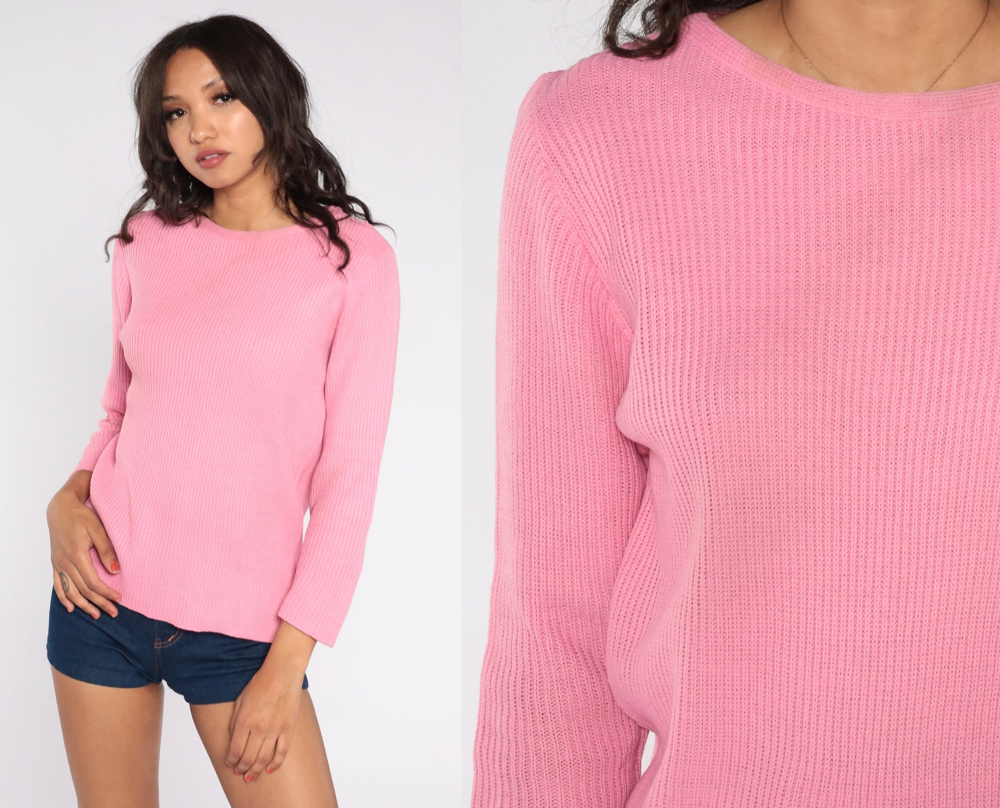 70s Pink Knit Crewneck Pullover Sweater Medium M