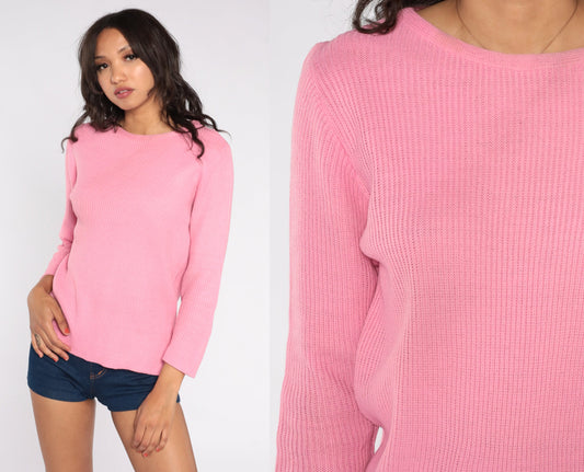 70s Pink Knit Crewneck Pullover Sweater Medium M