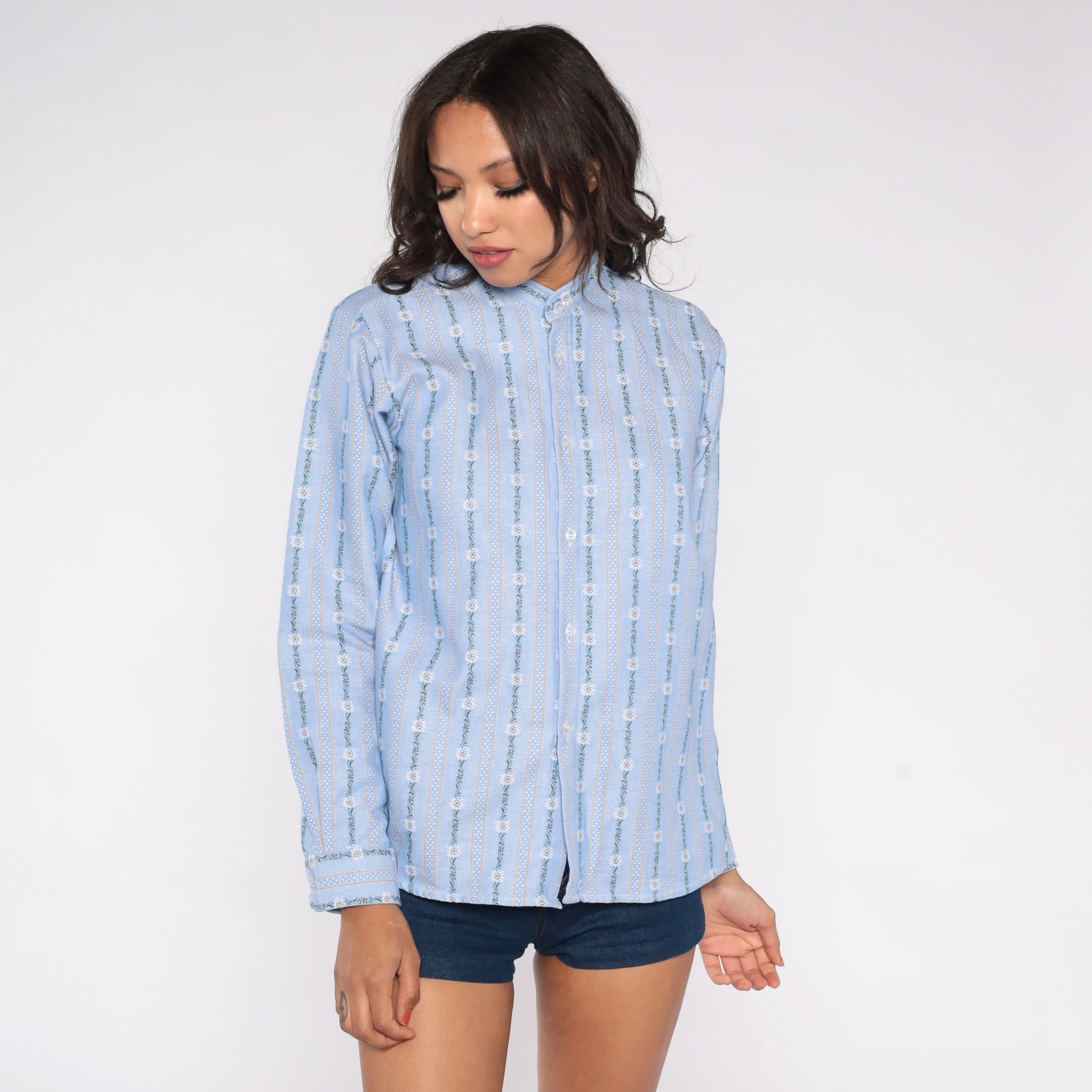 70s Blue Striped Floral Ribbon Print Button-Up Shirt Banded Collar Medium