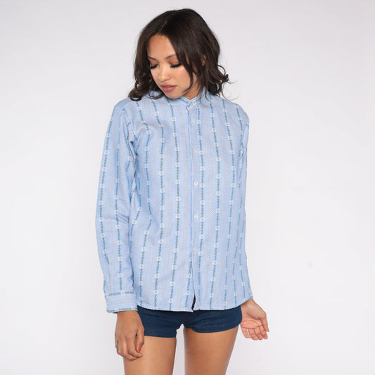 70s Blue Striped Floral Ribbon Print Button-Up Shirt Banded Collar Medium