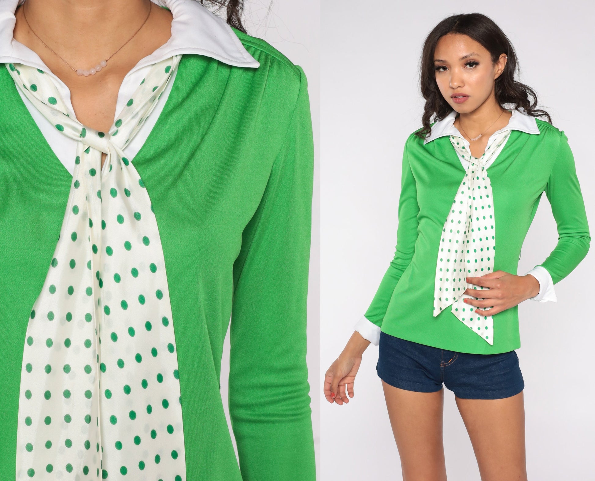 60s R and K Originals Necktie Blouse Green Polka Dot Collared Small