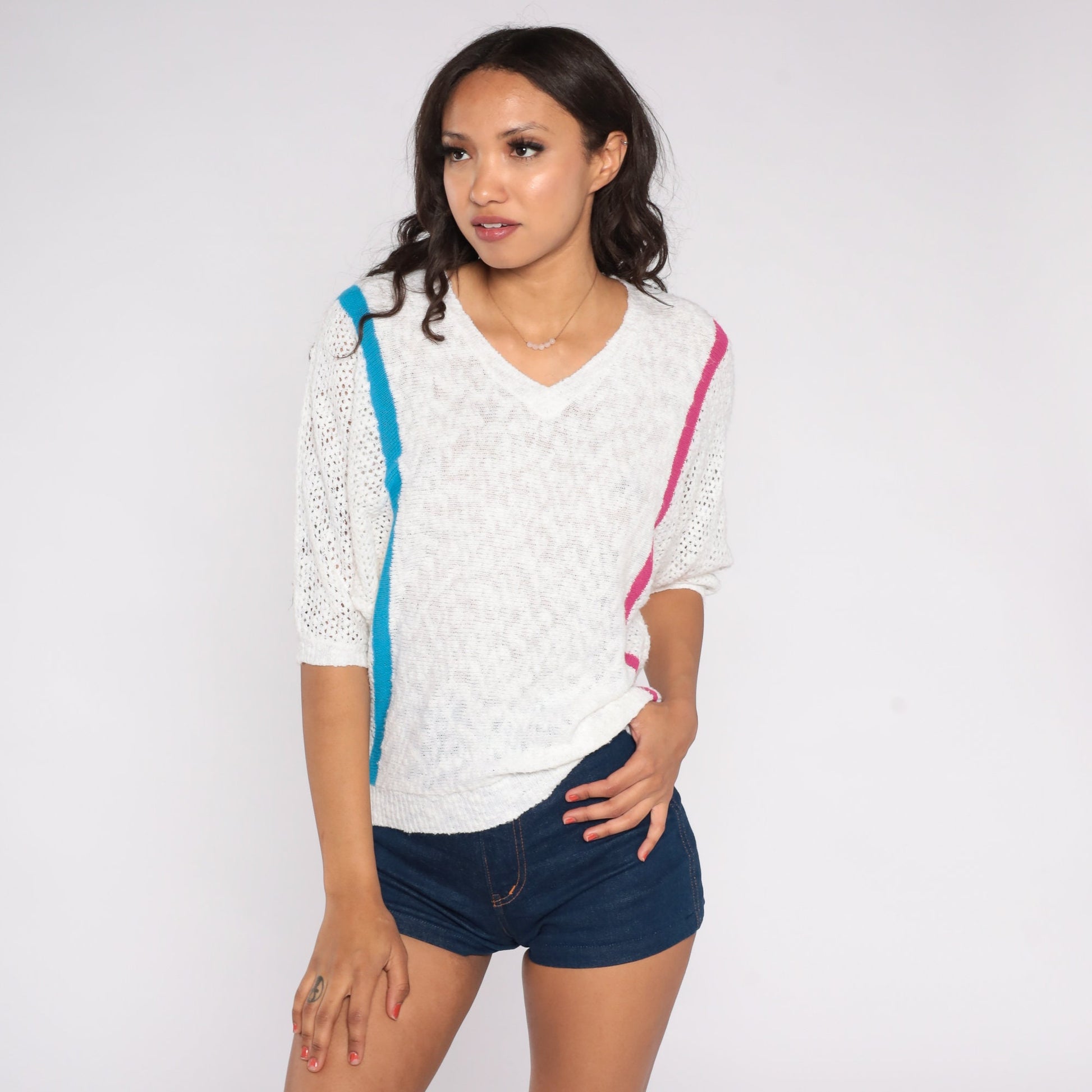 80s White Striped Knit Sweater Top Pink Blue V-Neck Short Sleeve Medium Large