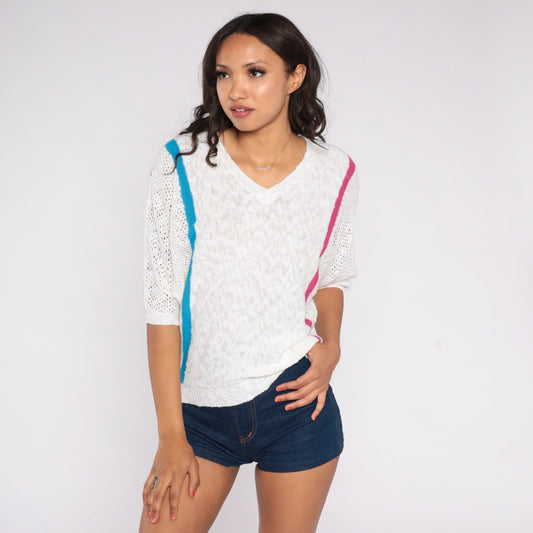 80s White Striped Knit Sweater Top Pink Blue V-Neck Short Sleeve Medium Large