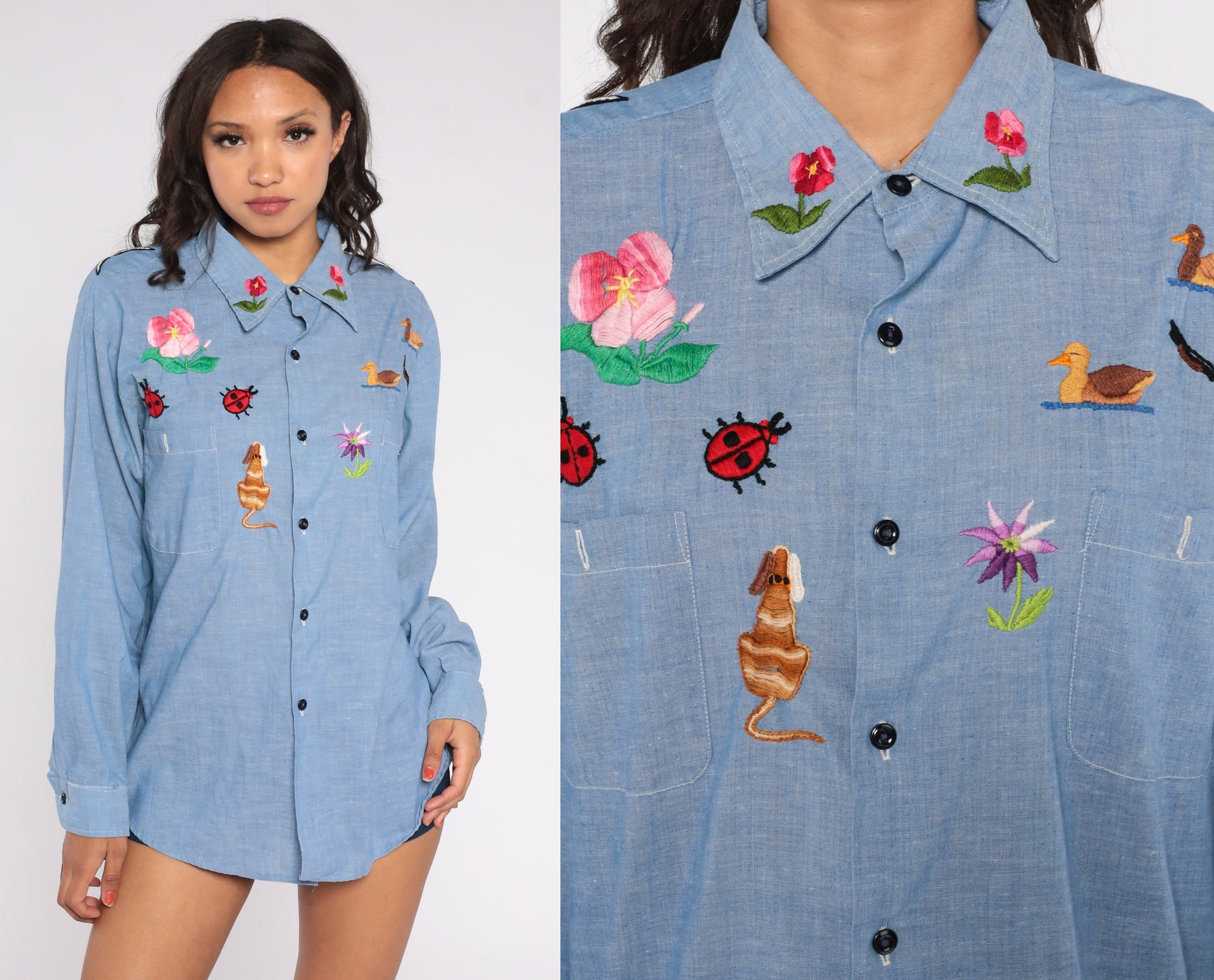 70s Blue Chambray Embroidered Button Up Blouse Floral Animal Motif Large