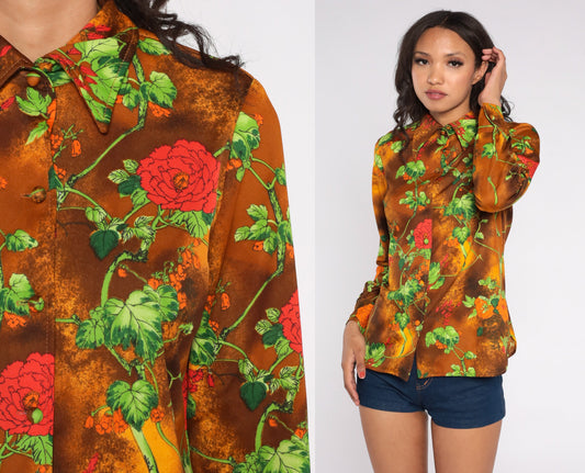 70s Floral Disco Shirt Brown Yellow Cloud Dye Button Up Pointed Collar Medium