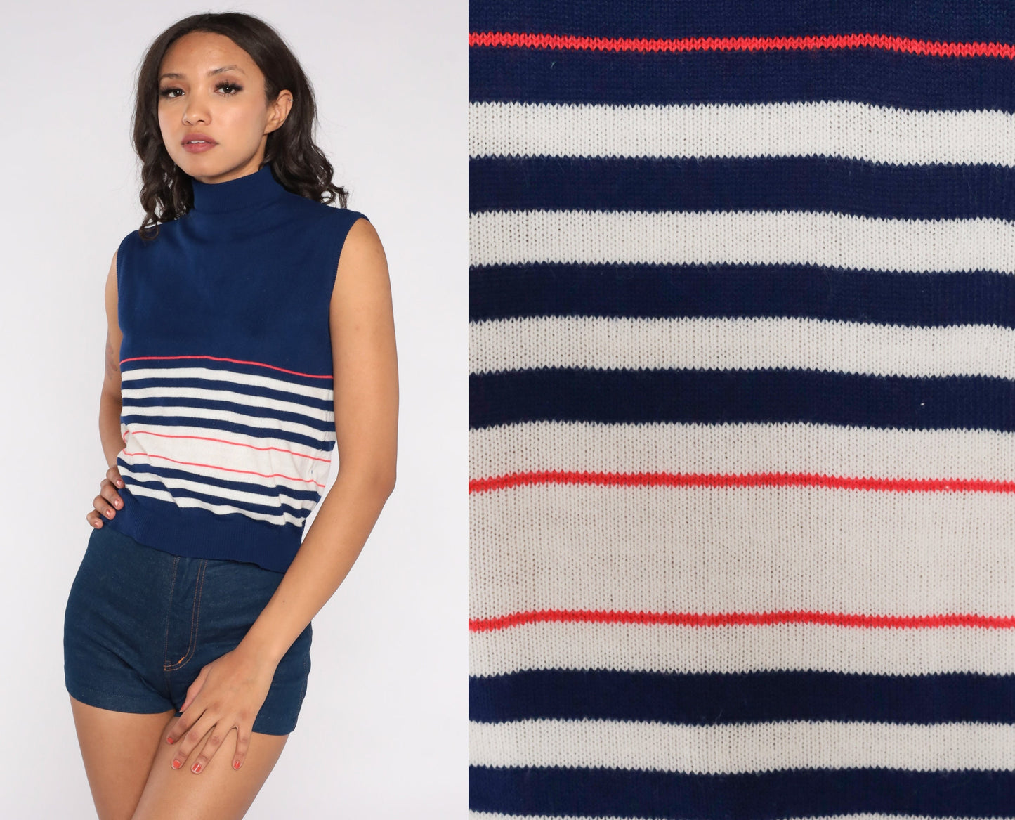 70s Blue Striped Knit Tank Top Mock Neck Sleeveless Sweater Medium