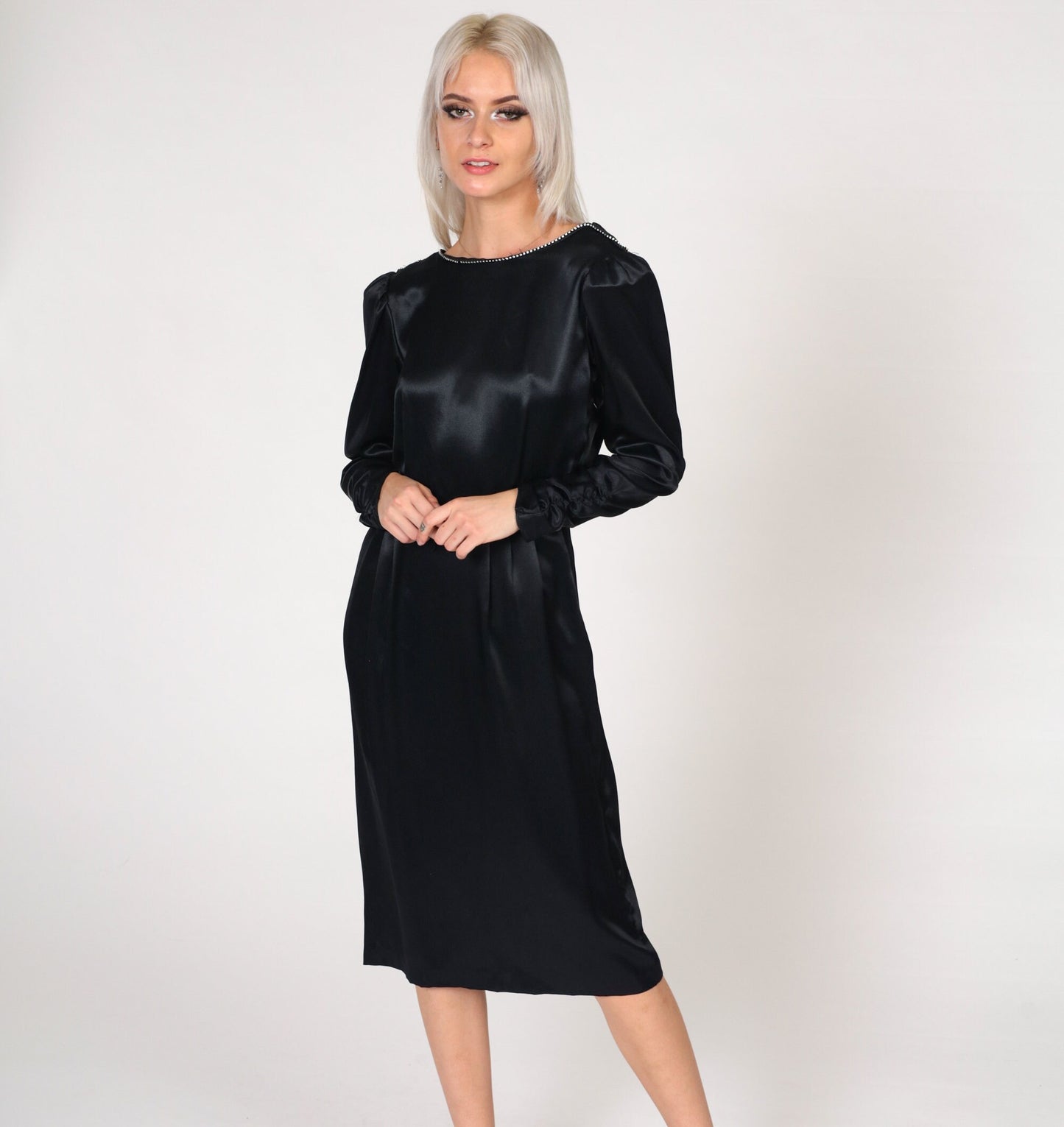80s Black Satin Midi Dress Rhinestone Neckline Puff Sleeve High Waist Small