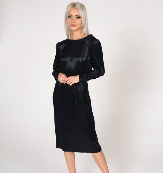 80s Black Satin Midi Dress Rhinestone Neckline Puff Sleeve High Waist Small