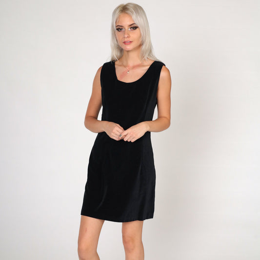 90s Black Velvet Mini Dress Scoop Neck Sleeveless Sheath Medium